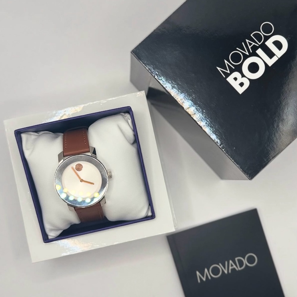 Movado Unisex Swiss Cognac Leather Strap silver round face